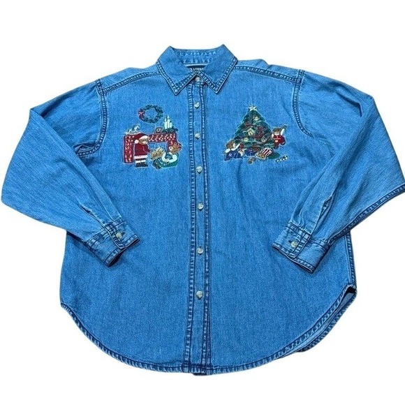 Vintage Women's M Christmas Embroidered Denim Chambray Shirt Top Bears Tree Med - Picture 7 of 7